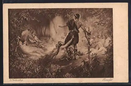 Künstler-AK Ludwig Fahrenkrog: Parsival, Waldnymphen umgarnen den Helden