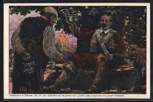Künstler-AK Hans Baluschek: Soldat gebietet dem Wirt ihm den Helm mit Wein zu füllen, 1630