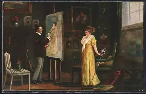 Künstler-AK sign. Helm: Künstler porträtiert eine Dame im Atelier