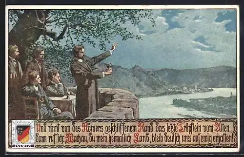 Künstler-AK Ernst Kutzer: Männer blicken auf Wachau und sprechen deutschen Schwur, Wappen