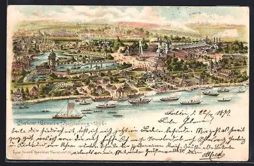 Lithographie Berlin, Berliner Gewerbe-Ausstellung 1896, Totalansicht des Geländes