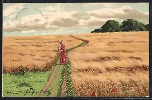 Künstler-Lithographie Alfred Mailick: Spaziergang zwischen Getreide