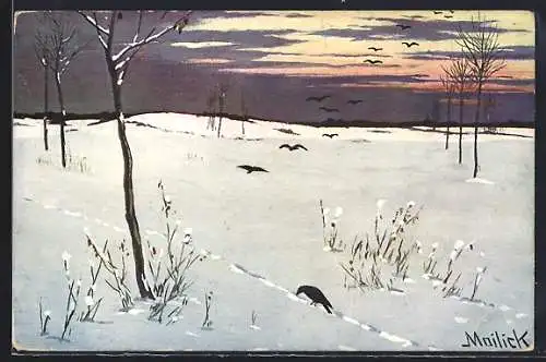 Künstler-AK Alfred Mailick: Raben über einer verschneiten Landschaft