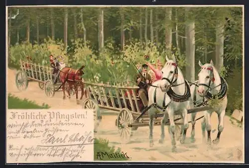 Künstler-AK Alfred Mailick: Zwei Pferdewägen durchqueren den Wald, Pfingstgruss