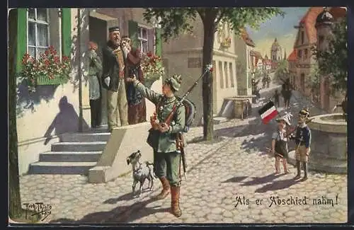 Künstler-AK A. Thiele: Als er Abschied nahm, junger Soldat zieht in den Krieg