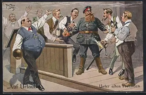 Künstler-AK Arthur Thiele: Soldat mit Vollbart und eisernem Kreuz mit Zivilisten beim Biertrinken und Kegeln