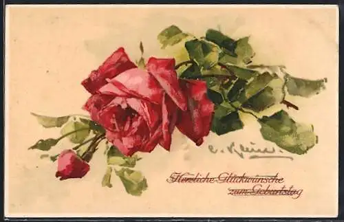 Künstler-AK Catharina Klein: Rote Rosen mit grünem Laub