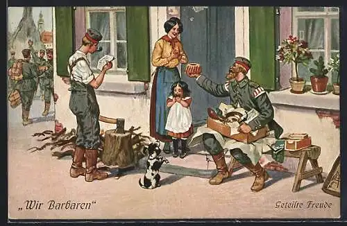 Künstler-AK A. Thiele: Soldaten geben Essen an Einheimische weiter