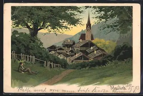 Künstler-AK Alfred Mailick: Blick zu einer Ortschaft, Junger Mann liegt auf der Wiese