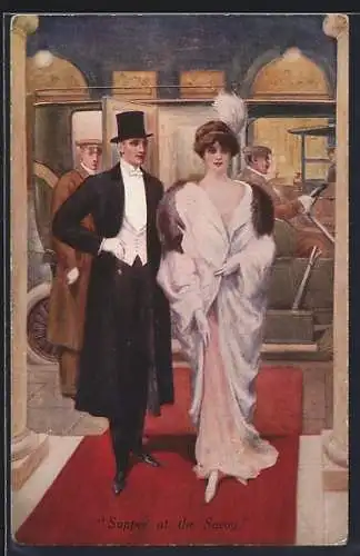 Künstler-AK Supper at the Savoy, Dame mit Pelz