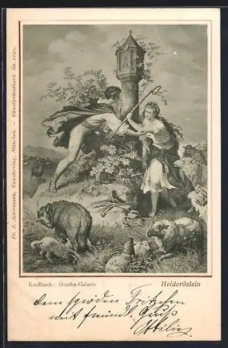 Künstler-AK sign. Kaulbach: Heideröslein, Schafe auf Berg, Goethe