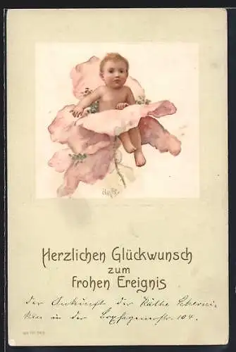 Künstler-AK Baby in einer Blume, Herzlichen Glückwunsch zu frohen Ereignis