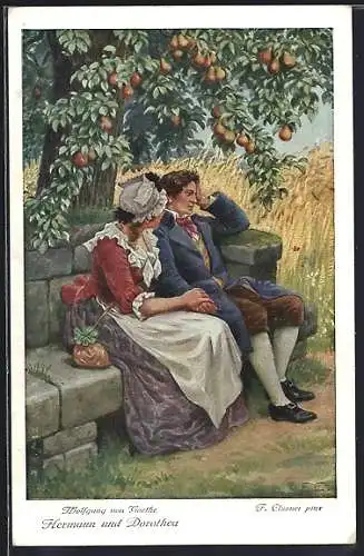 Künstler-AK F. Elssner, Goethe, Hermann und Dorothea, Pärrchen sitzt auf Bank unter einem Baum
