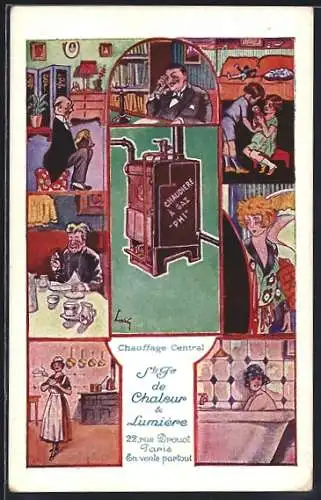 AK Paris, Ofen in verschieden Alltagssituationen, Reklame für Chauffage Central, 22, rue Drouot