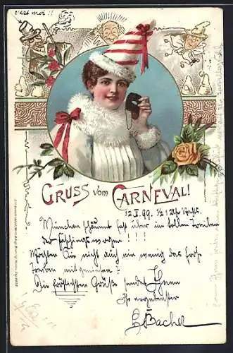 Lithographie Gruss vom Carneval, Dame mit Hut und Maske