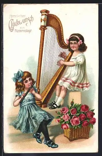 AK Zwei Mädchen mit Flöte und Harfe