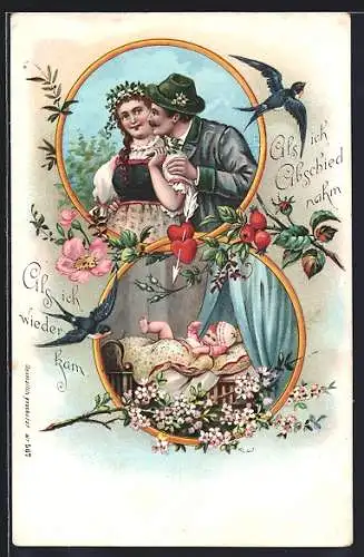 Lithographie Als ich wieder kam, Schwalbe mit Liebespaar und Säugling