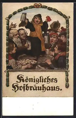 Künstler-AK Ludwig von Zumbusch: Münchner Hofbräuhaus, Münchener Kindl trinkt Bier
