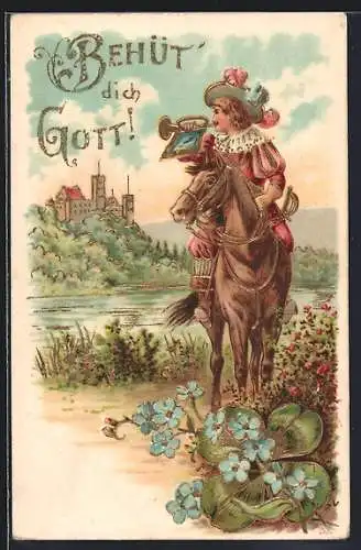 Lithographie Behüt Dich Gott!, Trompeter von Säckingen, Ausritt am Ufer, mit Gold verziert