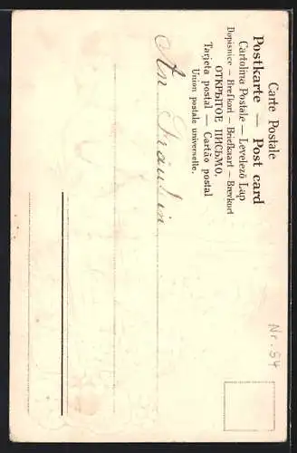 Lithographie Behüt Dich Gott!, Trompeter von Säckingen, Ausritt am Ufer, mit Gold verziert