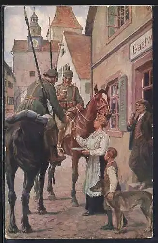 Künstler-AK Ein Trunk im Bügel, deutsche Kavalleristen zu Pferden trinken Bier vor einer Gaststätte