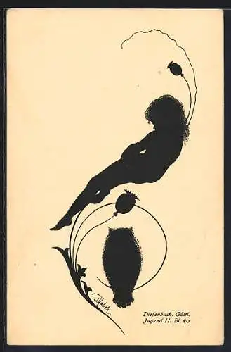 Künstler-AK Diefenbach: Göttl. Jugend II. Bl. 40: Kind und Eule, Schattenbild