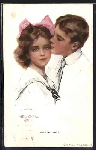Künstler-AK Philip Boileau: Seine erste Liebe, Mädchen mit rosa Haarschleife