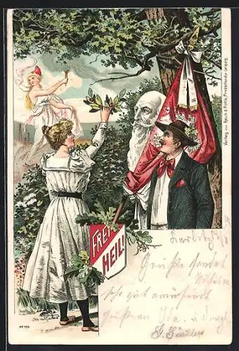 Lithographie Büste vom Turnvater Jahn, Germania, Frei Heil!