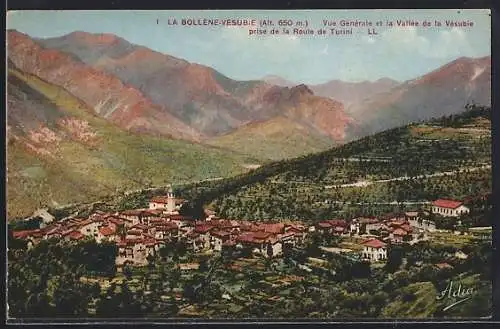 AK La Bollène-Vésubie, Vue générale et la Vallée de la Vésubie prise de la Route de Turini