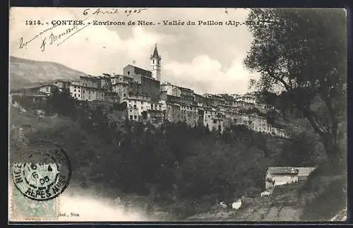 AK Contes, Vallée du Paillon et vue du village sur la colline