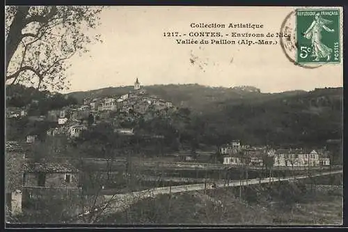 AK Contes, Vue du village dans la vallée du Paillon, Alpes-Maritimes