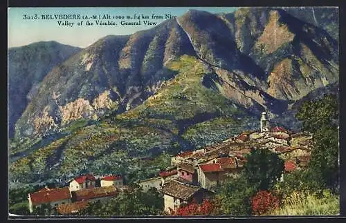 AK Belvédère, Vue générale de la vallée de la Vésubie avec montagnes en arrière-plan