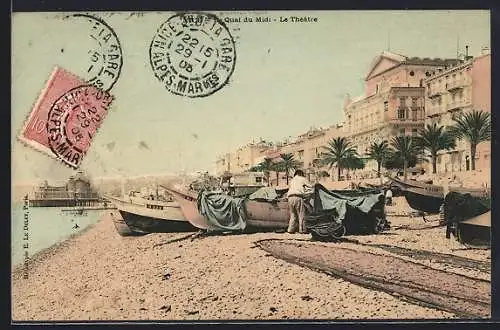 AK Cannes, Quai du Midi, Le Théâtre avec bateaux et plage
