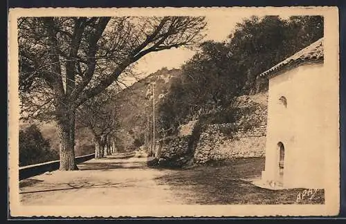 AK Cabris, Promenade St-Jean avec chemin bordé d`arbres et mur en pierre