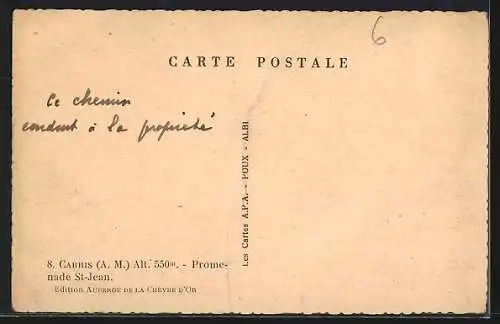 AK Cabris, Promenade St-Jean avec chemin bordé d`arbres et mur en pierre