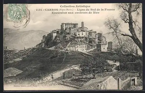 AK Carros, Vue du village sur la colline dans les Alpes-Maritimes