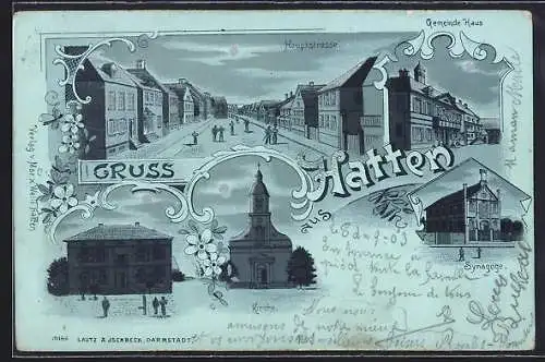 Mondschein-Lithographie Hatten, Synagoge, Hauptstrasse, Kirche und Gemeindehaus