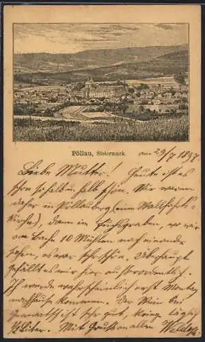 Vorläufer-Lithographie Pöllau /Steiermark, 1893, Ortsansicht aus der Vogelschau