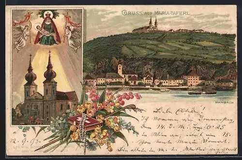 Vorläufer-Lithographie Maria-Taferl, 1893, Ortsansicht, Kirche, Marienbildnis