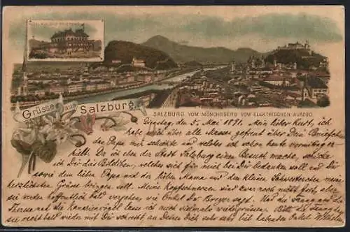 Vorläufer-Lithographie Salzburg, 1891, Hotel auf dem Gaisberg, Ortsansicht