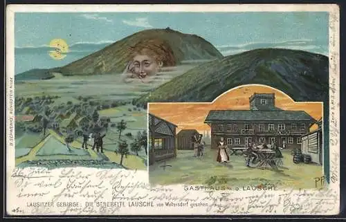 Lithographie Schwenke Serie 5 Nr. 3: Waltersdorf, Gasthaus an der Lausche, Berg mit Gesicht / Berggesichter