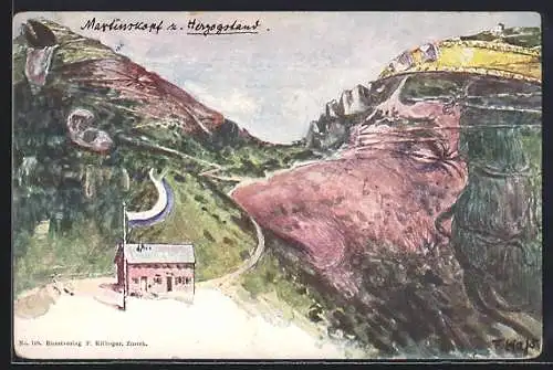 Künstler-AK Fritz Hass: Martinskopf und Herzogstand mit Gesicht, Berggesichter