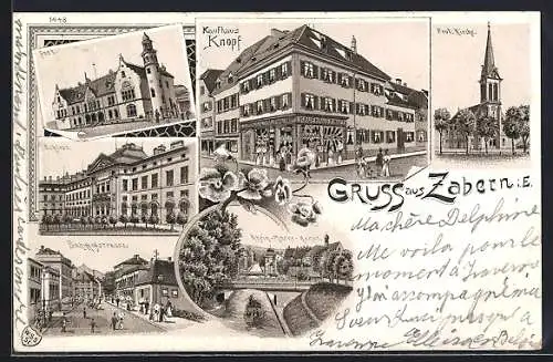 Lithographie Zabern i. E., Kaufhaus Knopf, Post, Bahnhofstrasse