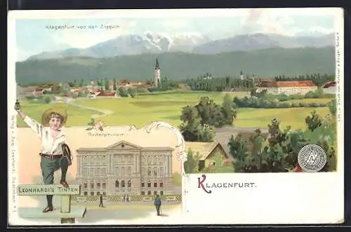 Lithographie Klagenfurt, Ortsansicht von der Zigguln, Rudolphinum