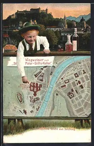 AK Salzburg, Wegweiser zum St. Peter Stifts-Keller, Junge in Tracht