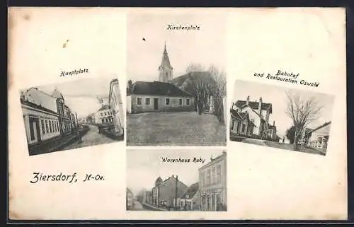 AK Ziersdorf, Bahnhof und Restaurant Oswald, Warenhaus Ruby