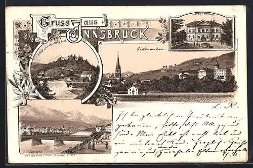 Lithographie Innsbruck, Historisches Museum, Sillfall neben dem Berg Isel, Innpartie