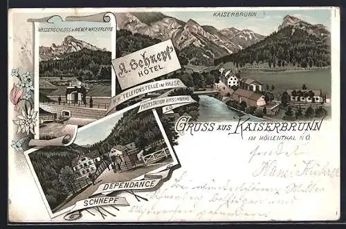 Lithographie Kaiserbrunn i. Höllenthal, A. Schnepfs Hotel, Wasserschloss d. Wiener Wasserleitg.