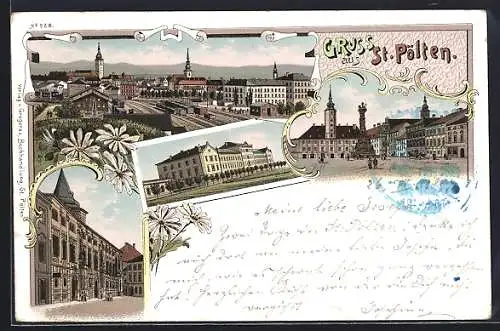 Lithographie St. Pölten, Bahnhof, Ortsansicht aus der Vogelschau