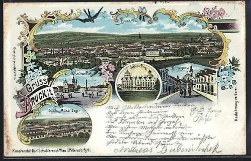 Lithographie Bruck a. d. Leitha, K. u. K. Militär-Lager, Kirchengasse, Kaiser Josef-Platz, Schloss Prugg